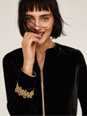 ZARA | Black Velvet Gold Appliqué Embroidered Military Cropped Jacket Blazer L